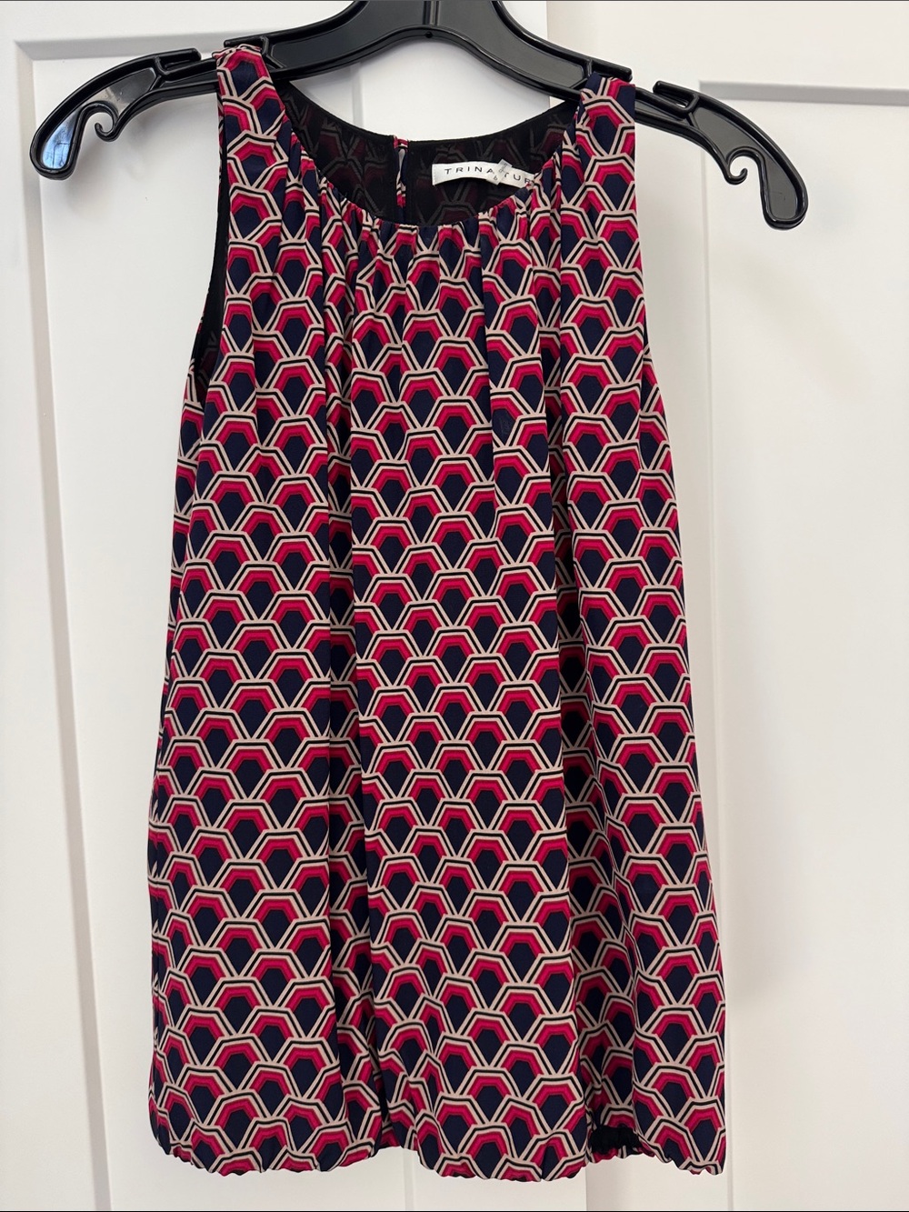 Trina Turk Silk Navy and Pink Geometric Sleeveless Blouse